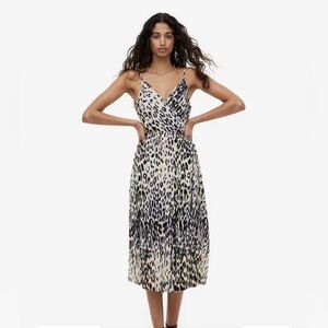 H&M Pleated Wrapover Pleated Dress Light Beige/Leopard Print Size Small